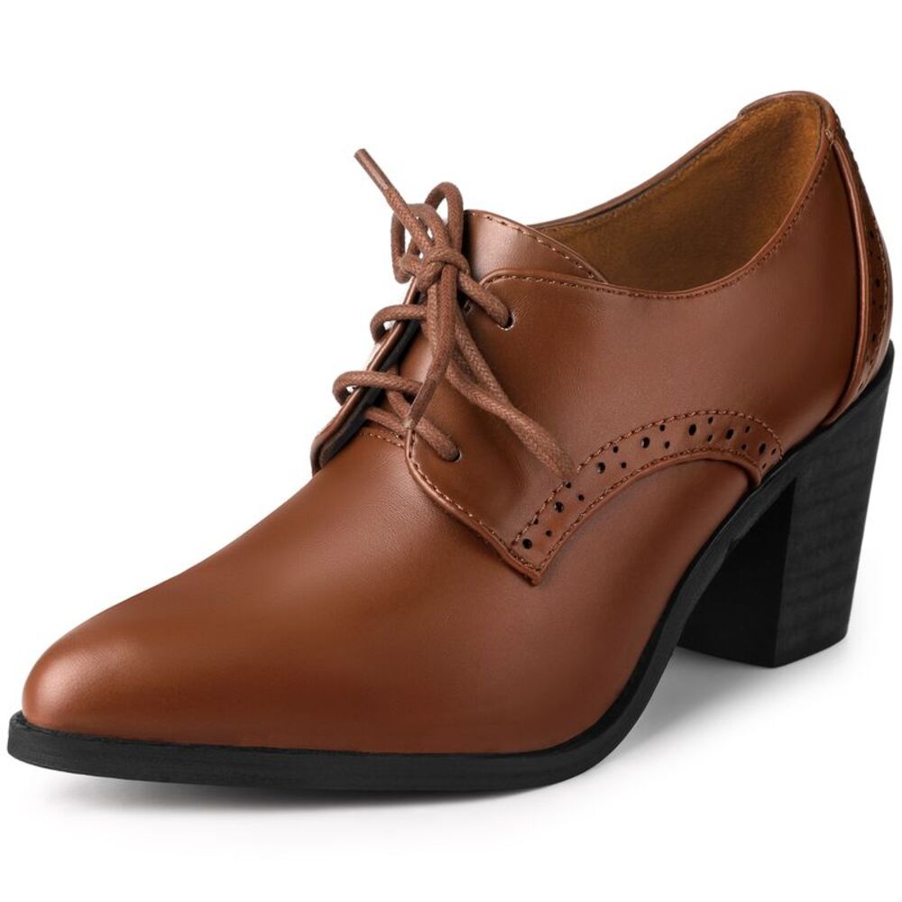 Pointy Toe Lace Up Block Heels Brown Ankle Booties